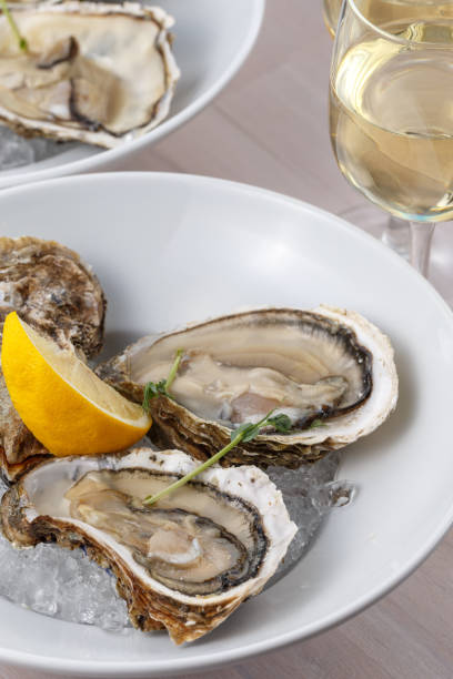 istock Plate with raw oysters and lemon slices on ice, selective focus 1158425255