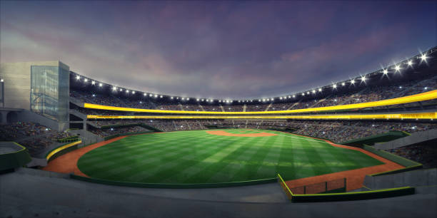 General view of illuminated baseball stadium and grass playground from the grandstand modern public sport illuminated building 3D render background center athlete stock pictures, royalty-free photos & images