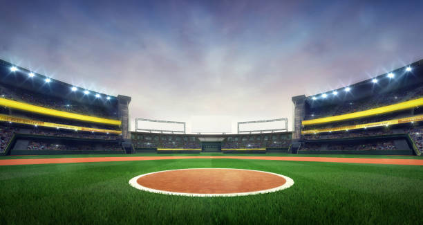Professional baseball sports stadium. One male fan in foreground.  Many fans across the field in background.  Great copyspace.