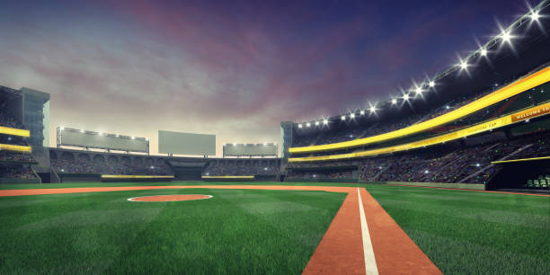 istock Grand baseball stadium playground infield nightfall view 1158426036