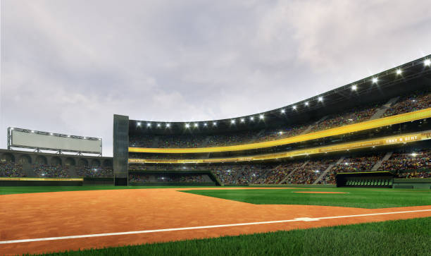 istock Modern baseball stadium playground field in cloudy daylight weather 1158426052