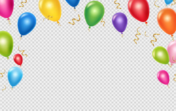 Celebration vector background template. Realistic balloons and ribbons banner design Celebration vector background template. Realistic balloons and ribbons banner design. Illustration of birthday balloon realistic, festive celebrate poster rainbow light effect transparent stock illustrations