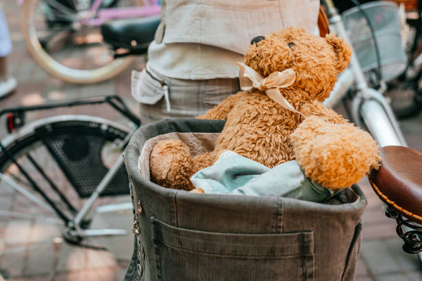 Kiev, Ukraine - May 19, 2019: Cute plush teddy bear toy in a bicycle basket.