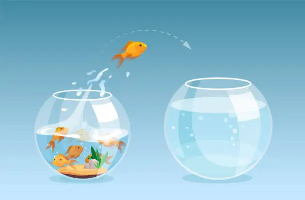 Vector illustration of Vector of a goldfish jumping out a fishbowl to another aquarium, better place with clear water