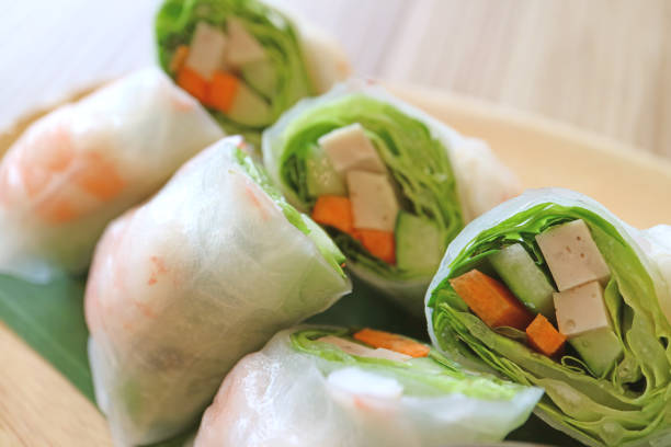 Closeup of Vietnamese Prawn and Vegetable Fresh Spring Rolls
