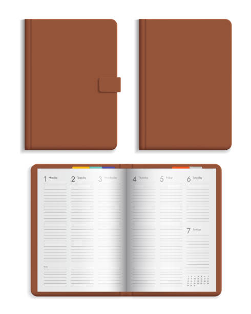 캘린더 페이지가있는 오픈 및 폐쇄 가죽 일기 세트. 흰색 배경에 단리된 하드 커버 브라운 색상 - 벡터 - note pad leather diary book stock illustrations