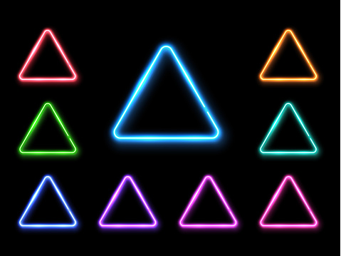 Vector abstract neon triangle set. Light effect background. Glowing decorative led lamp luminous geometric shape. Technology halogen line signs. Gleaming illuminating decorative vector illustration.