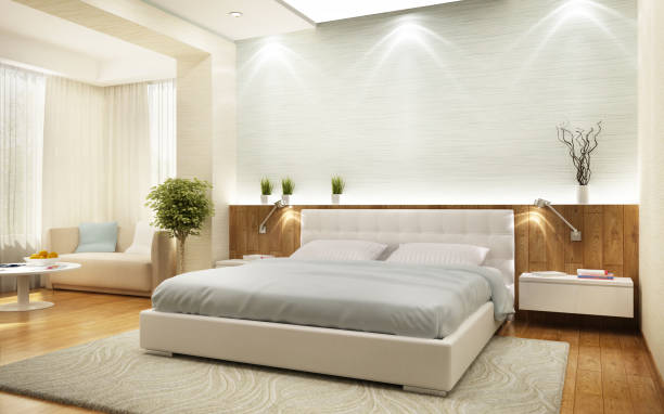 Modern design bedroom in a big house Modern bedroom design in a large and beautiful house head board bed blue stock pictures, royalty-free photos & images