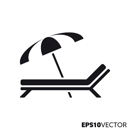 Sunbed and beach umbrella solid black icon. Glyph symbol of relaxation and summer holidays. Travel flat vector illustration.