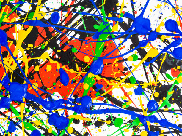 istock Abstract expressionism art creative background. art of splashes and drips . red black green yellow blue paint on white background. 1158433503