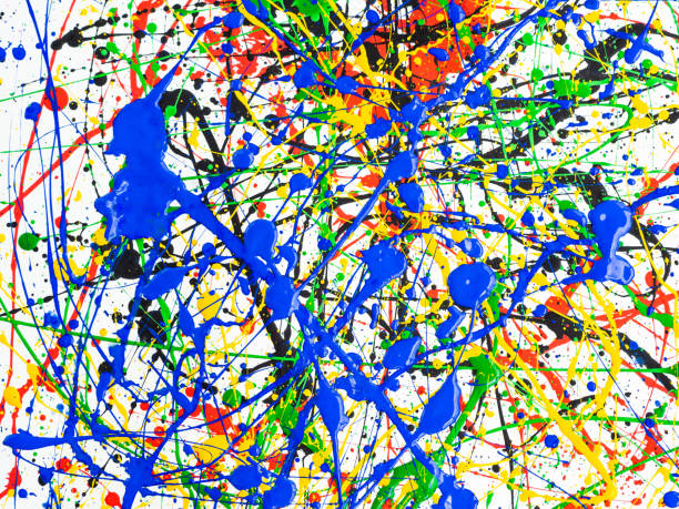 istock Abstract expressionism art creative background. art of splashes and drips . red black green yellow blue paint on white background. 1158433579