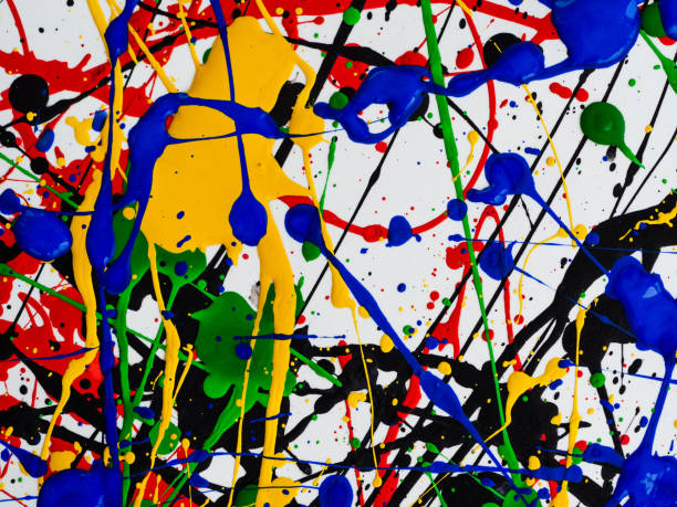 istock Abstract expressionism art creative background. art of splashes and drips . red black green yellow blue paint on white background. 1158433641