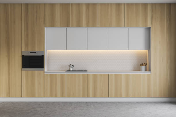 istock Wooden kitchen interior with countertops 1158433991