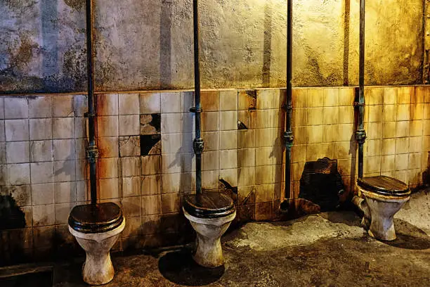 Disused toilets in an abandoned public restroom.