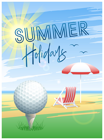 Summer Holidays. Sports card. Golf ball with deck chair and beach umbrella on the beach background. Vector illustration.