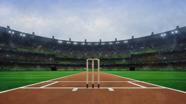 Grand cricket stadium with wooden wickets front view in daylight modern public sport building 3D render series cricket stock pictures, royalty-free photos & images