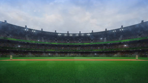 estádio de críquete grande com wickets de madeira vista lateral na luz do dia - críquete - fotografias e filmes do acervo