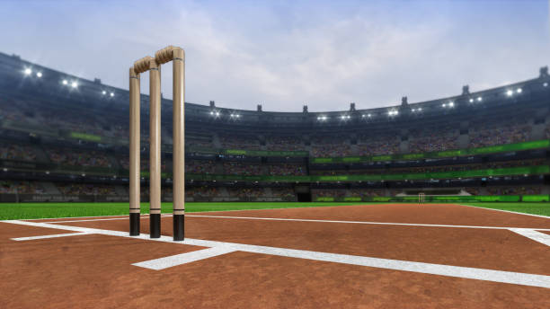 Grand cricket stadium with wooden wickets front day view modern public sport building 3D render series wicket stock pictures, royalty-free photos & images