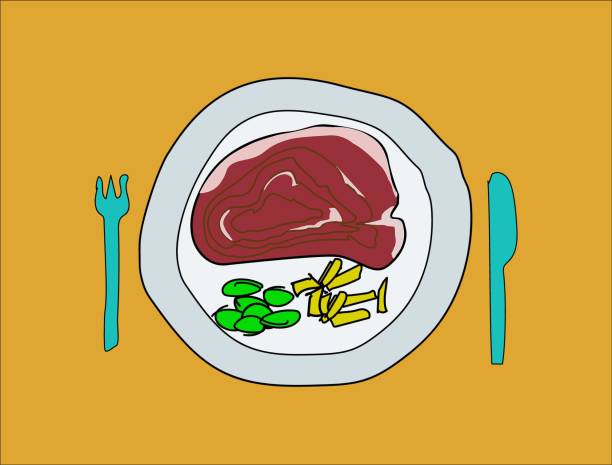 ilustrações de stock, clip art, desenhos animados e ícones de a t-bone steak on a plate with vegetable and chips - steak grilled barbecue grill t bone steak