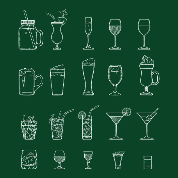 ilustrações de stock, clip art, desenhos animados e ícones de vector chalk sketch set of alcohol and soft drinks, liquors, cocktails. - russian shot