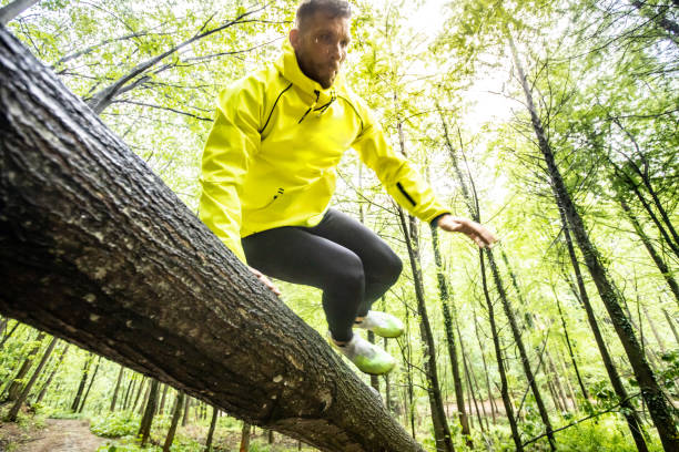 istock Adult Male Runner Jumping Across Fallen Down Tree 1158441613