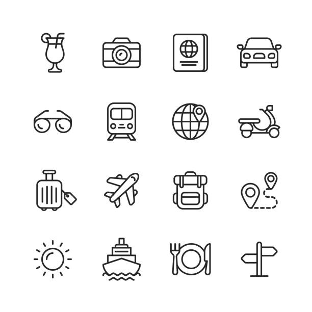 ilustraciones, imágenes clip art, dibujos animados e iconos de stock de iconos de línea de viaje. trazo editable. píxel perfecto. para móviles y web. contiene iconos como ---. - passenger ship sunset summer sun