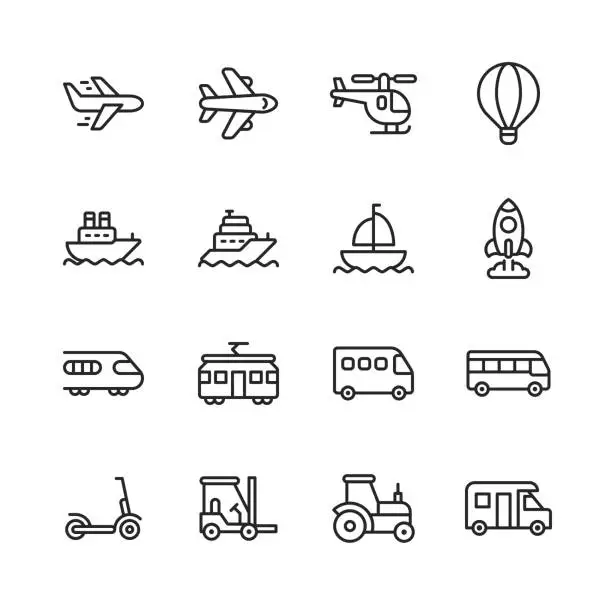 Vector illustration of Transportation Line Icons. Editable Stroke. Pixel Perfect. For Mobile and Web. Contains such icons as Transportation, Car, Vehicle, Plane, Airplane, Hot Air Balloon, Cruise Ship, Rocket, Train, Scooter.