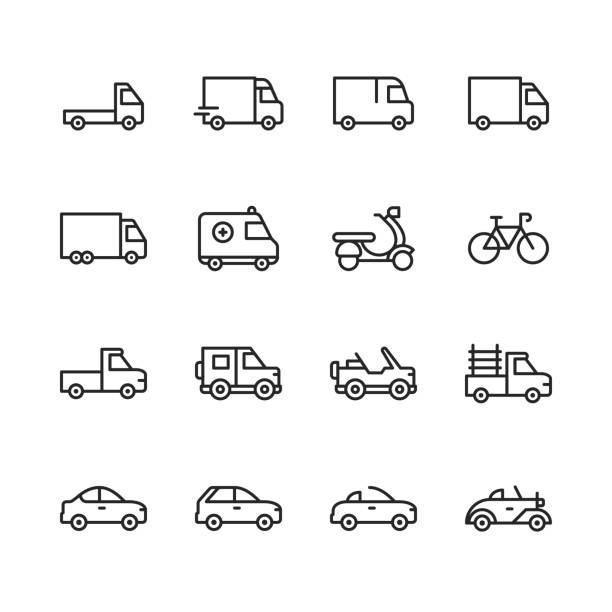 illustrations, cliparts, dessins animés et icônes de icônes de ligne de transport. accident vasculaire cérébral modifiable. pixel parfait. pour mobile et web. contient des icônes telles que le transport, la voiture, le camion, l'automobile, l'ambulance, la conduite. - pick up