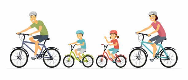 ilustraciones, imágenes clip art, dibujos animados e iconos de stock de padres y niños ciclismo - personajes de dibujos animados personajes ilustración - helmet bicycle little girls child