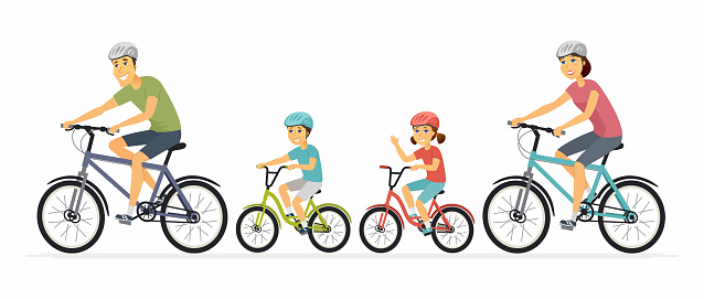 Parents and children cycling - cartoon people characters illustration on white background. Mother, father with kids going on a ride on bicycles, having a good time. Family, healthy lifestyle concept