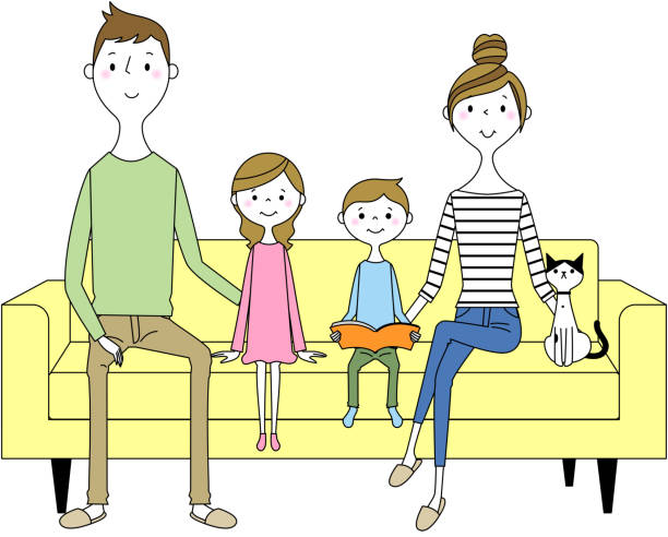 illustrazioni stock, clip art, cartoni animati e icone di tendenza di famiglia per rilassarsi sul divano - people living room mother son