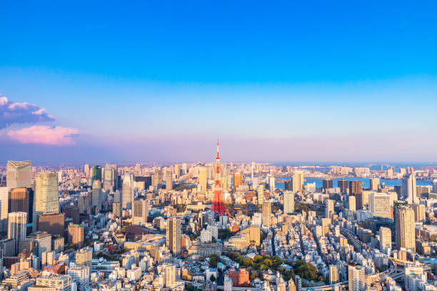 вид на город токио и горизонт токио является современной столицей японии. - tokyo tower shinjuku ward tokyo prefecture communications tower стоковые фото и изображения