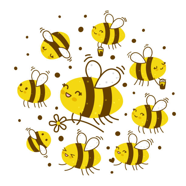 słodkie pszczoły miodne wyizolowane na białym - swarm of bees stock illustrations