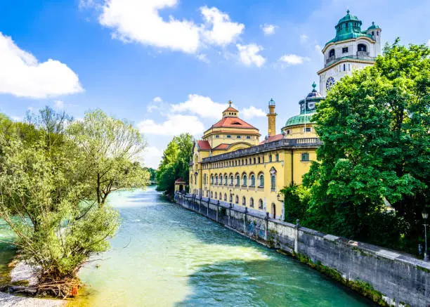 famous munich - muellersches volksbad at the isar river