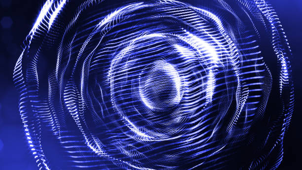 Glow particles are in air as science fiction of microcosm or macro world or sci-fi. 3d rendering of abstract blue composition with depth of field and glowing particles in dark with bokeh effects. 26