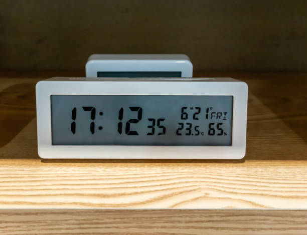 istock White pocket digital clock on wooden shelf for decoration 1158452134