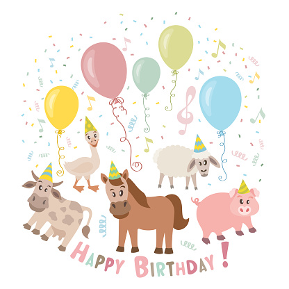 Cute animals cartoon illustration for birthday invitation.