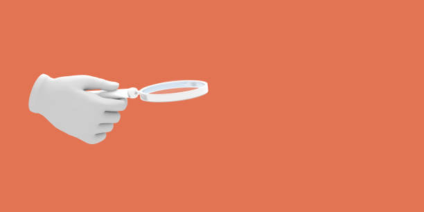 istock Cartoon hand holding magnifier. Illustration on red color background. 3D-rendering. 1158453505