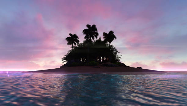 istock Romantic red dawn sky with abandoned tropical palm island in the middle 1158455568