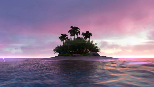 istock Romantic red dawn sky with abandoned tropical palm isle in the middle 1158455581