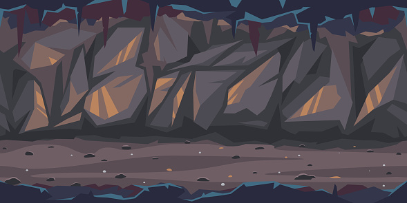 Path is crossing the dark cave game background tilllable horizontally, dark terrible empty place with rock walls in side view, dangerous dungeon illustration
