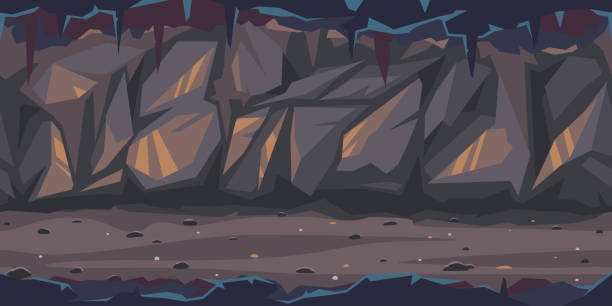 Dark terrible cave game illustration background Path is crossing the dark cave game background tilllable horizontally, dark terrible empty place with rock walls in side view, dangerous dungeon illustration cave stock illustrations