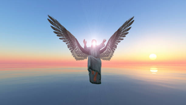 대천사 가브리엘의 하강, 하늘 천사, 천사는 일출에서 당신에게 에너지를주고있다 - prana 뉴스 사진 이미지