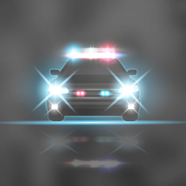 Police car with headlights flares and siren at the night road. Special red and blue light beams. Vector illustration. Police car with headlights flares and siren at the night road. Special red and blue light beams. Vector illustration. police lights stock illustrations