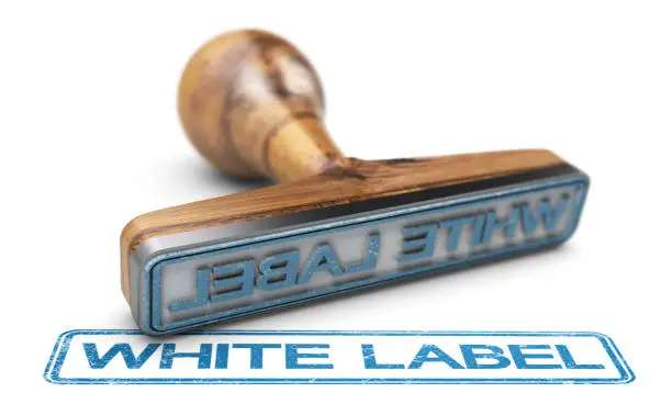 3D illustration of a rubber stamp over white background with the text white label printed in blue color.