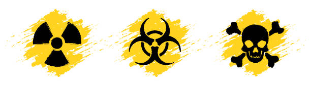 ilustraciones, imágenes clip art, dibujos animados e iconos de stock de señales vectoriales de grunge de peligro. señal de radiación, signo de peligro biológico, signo tóxico, signo de veneno. - toxic waste vector biohazard symbol skull and crossbones