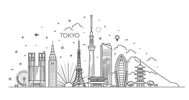 Tokyo vacation icons set. Vector icons Set of flat icons of Tokyo landmarks and culture features vector illustration tokyo streets stock illustrations