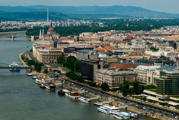 istock Nautical vessels anchored in Danube river at Budapest city 1158467863