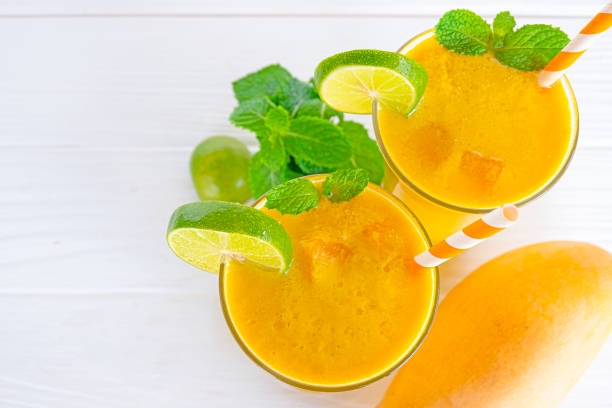 istock Mango mix lemon smoothies yellow colorful fruit juice milkshake blend beverage healthy high protein the taste yummy In glass drink to lose weight drink episode morning white background from top view. 1158470212