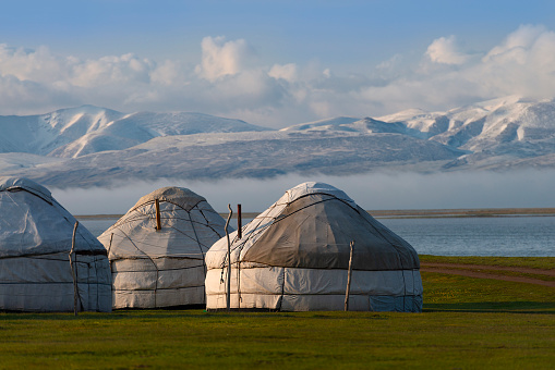 Round white yurt kazakhstan nomads. Traditional asian house with ornament and door. Dwelling mongolian, kyrgyzstan, uzbekistan of tribes. East national home. Exterior holiday camp. Lifestyle nomads.